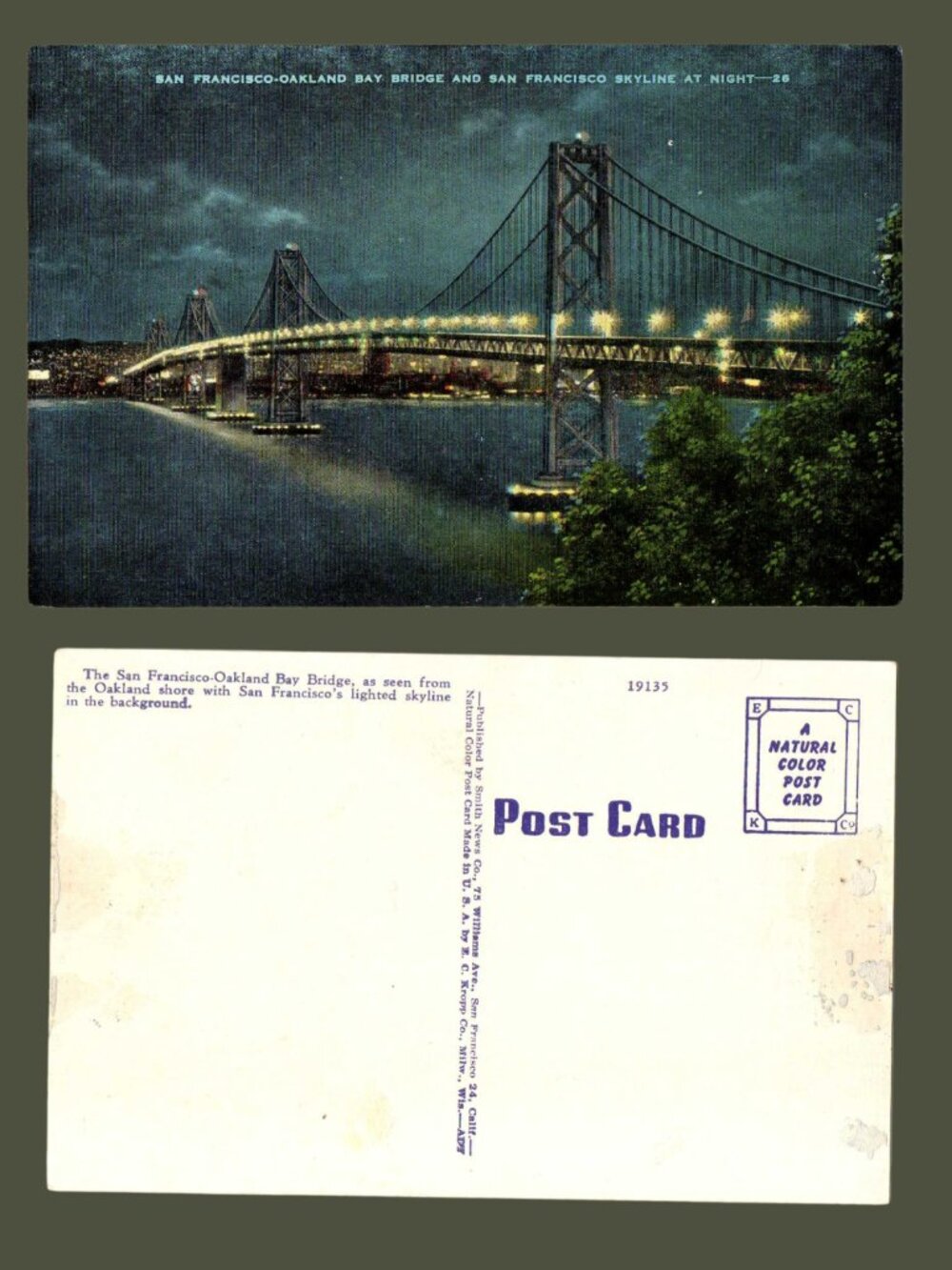 POSTCARD SALE 10/$20 San Francisco-Oakland Bay Bridge at Night Linen Postcard